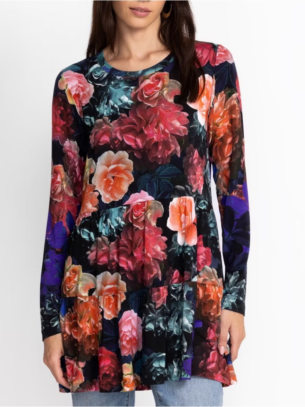 Johnny Was Black Studio Tiered Tunic with Multicolor Floral Blooms